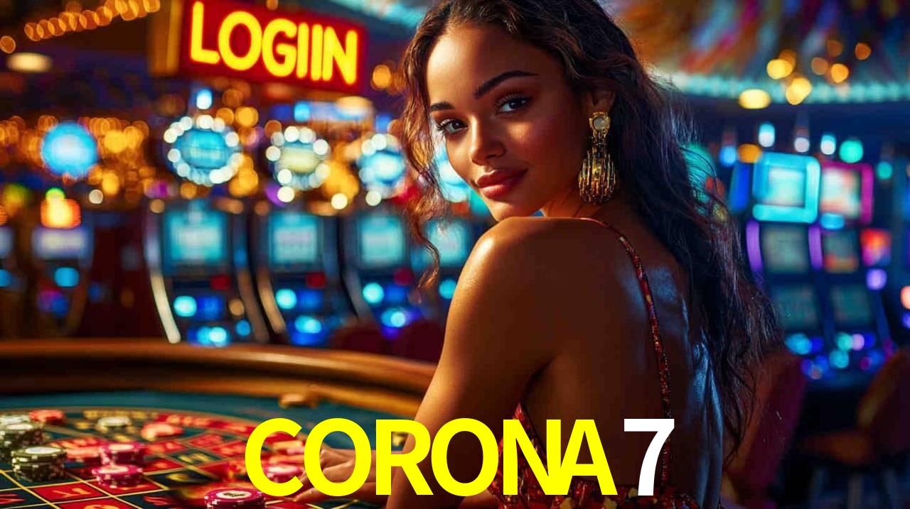 Escena dinámica inspirada en casino con iluminación CORONA7, cartas, fichas e íconos de juegos digitales en un espacio moderno de juegos.