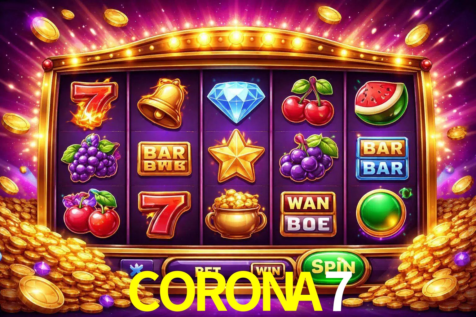 Una interfaz colorida de tragamonedas en línea con símbolos brillantes, monedas y un efecto de victoria celebratoria en CORONA7.